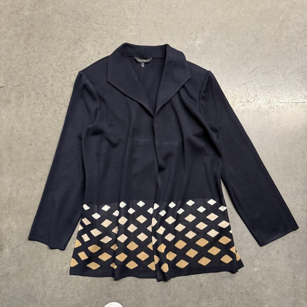 Ming Wang Navy Blue Diamond Border Knit Jacket Open Front Cardigan 1X